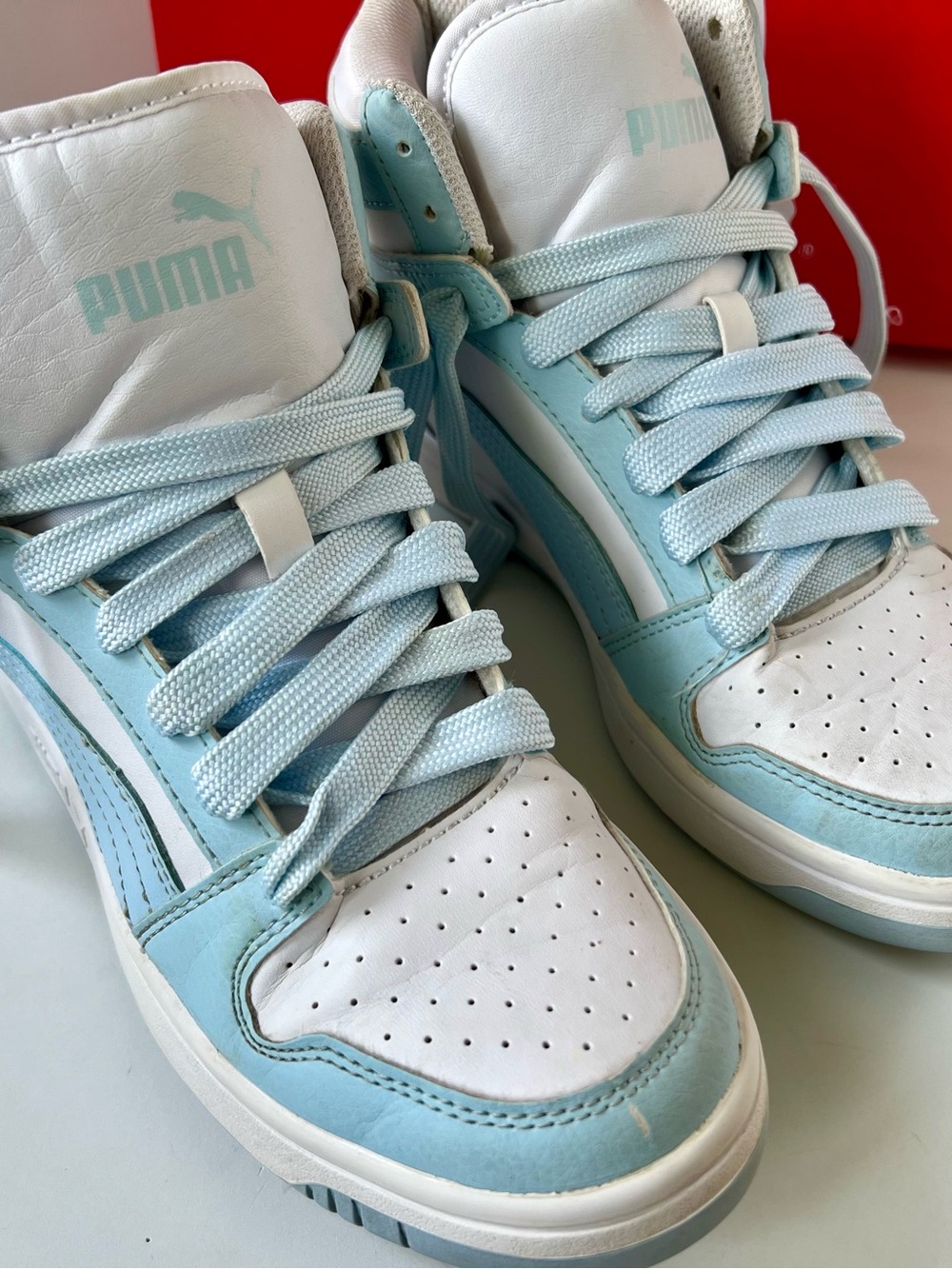 Puma White and Light Blue High-Top Sneakers